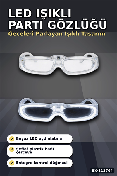 3 Modlu Beyaz Led Işıklı Parti Gözlüğü Glow Gece Eğlence Aksesuarı 1 Adet BX-313764