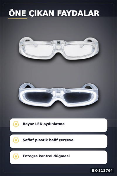 3 Modlu Beyaz Led Işıklı Parti Gözlüğü Glow Gece Eğlence Aksesuarı 1 Adet BX-313764