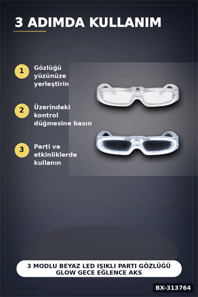 3 Modlu Beyaz Led Işıklı Parti Gözlüğü Glow Gece Eğlence Aksesuarı 1 Adet BX-313764