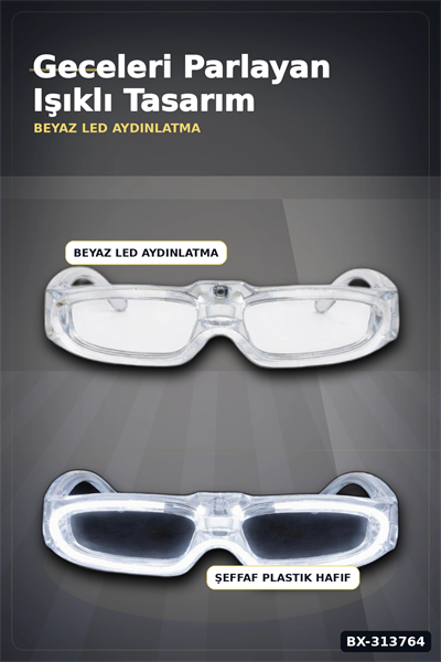 3 Modlu Beyaz Led Işıklı Parti Gözlüğü Glow Gece Eğlence Aksesuarı 1 Adet BX-313764
