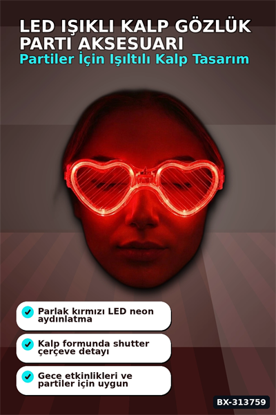 3 Modlu Kırmızı Led Işıklı Kalp Gözlük – 40 Adetlik Parti Paketi, Glow Aksesuarı BX-313759