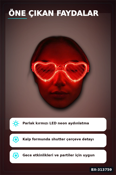 3 Modlu Kırmızı Led Işıklı Kalp Gözlük – 40 Adetlik Parti Paketi, Glow Aksesuarı BX-313759