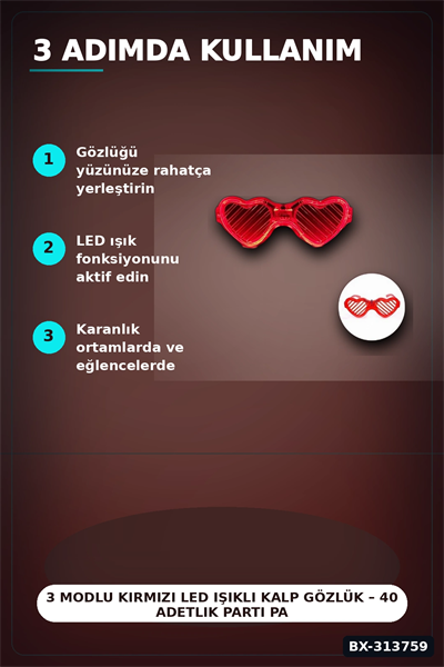 3 Modlu Kırmızı Led Işıklı Kalp Gözlük – 40 Adetlik Parti Paketi, Glow Aksesuarı BX-313759