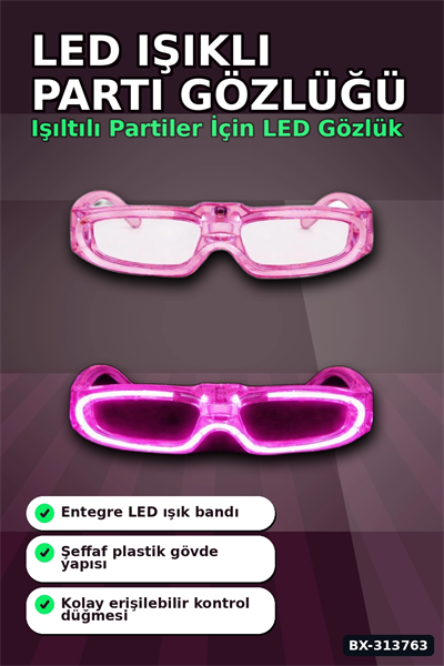 3 Modlu Led Işıklı Pembe Parti Gözlüğü Glow Efektli 1 Adet Unisex Eğlence Aksesuarı BX-313763