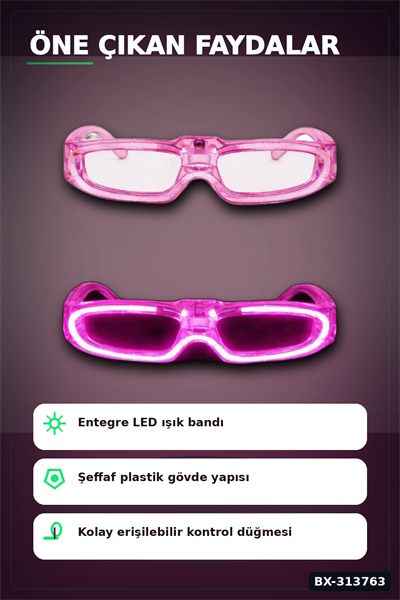 3 Modlu Led Işıklı Pembe Parti Gözlüğü Glow Efektli 1 Adet Unisex Eğlence Aksesuarı BX-313763
