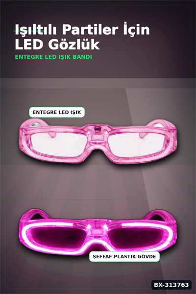 3 Modlu Led Işıklı Pembe Parti Gözlüğü Glow Efektli 1 Adet Unisex Eğlence Aksesuarı BX-313763