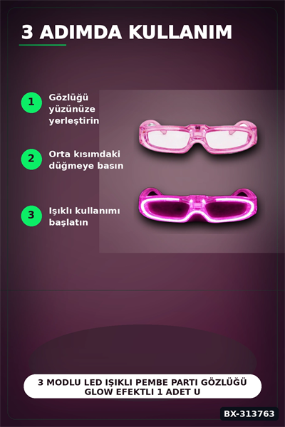 3 Modlu Led Işıklı Pembe Parti Gözlüğü Glow Efektli 1 Adet Unisex Eğlence Aksesuarı BX-313763