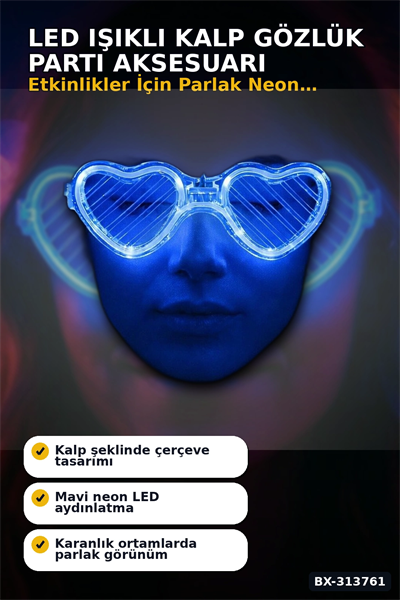 3 Modlu Mavi Led Işıklı Kalp Gözlük Glow Parti Aksesuarı 1 Adet Hafif Neon BX-313761