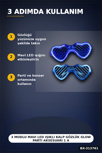 3 Modlu Mavi Led Işıklı Kalp Gözlük Glow Parti Aksesuarı 1 Adet Hafif Neon BX-313761