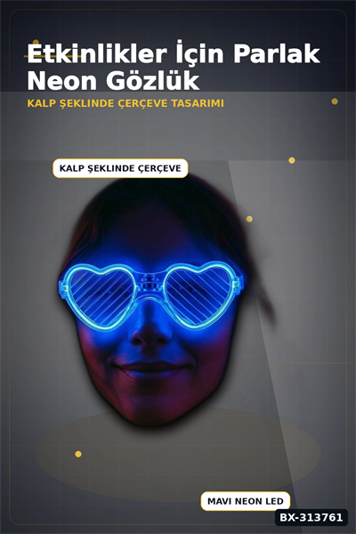 3 Modlu Mavi Led Işıklı Kalp Gözlük Glow Parti Aksesuarı 1 Adet Hafif Neon BX-313761