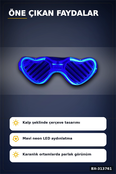 3 Modlu Mavi Led Işıklı Kalp Gözlük Glow Parti Aksesuarı 1 Adet Hafif Neon BX-313761