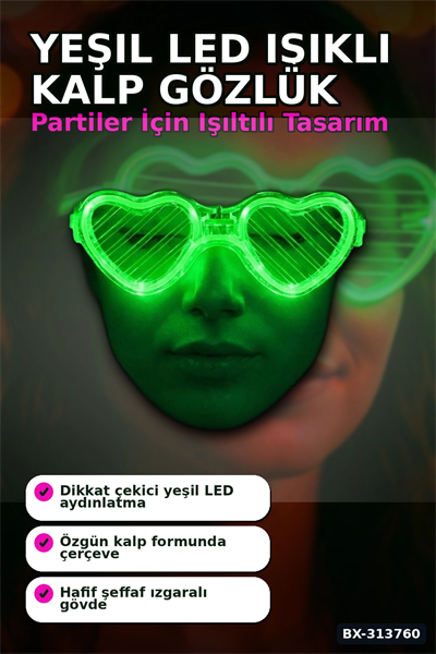 3 Modlu Yeşil Led Işıklı Kalp Gözlük - 1 Adet Parti Aksesuarı Glow Gece BX-313760