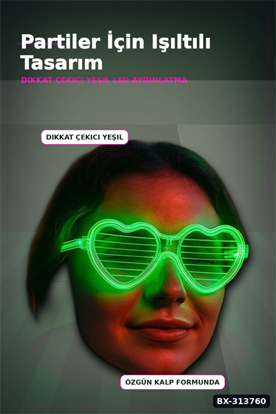 3 Modlu Yeşil Led Işıklı Kalp Gözlük - 1 Adet Parti Aksesuarı Glow Gece BX-313760