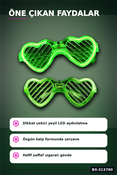 3 Modlu Yeşil Led Işıklı Kalp Gözlük - 1 Adet Parti Aksesuarı Glow Gece BX-313760