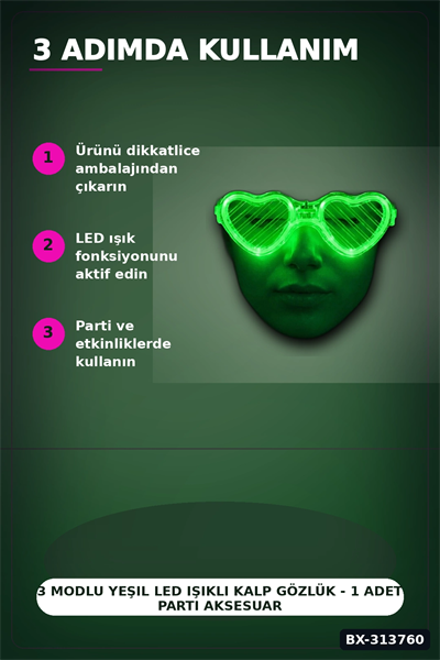 3 Modlu Yeşil Led Işıklı Kalp Gözlük - 1 Adet Parti Aksesuarı Glow Gece BX-313760