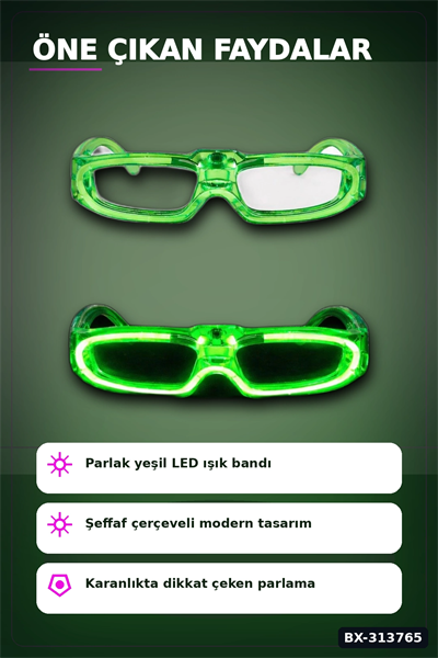 3 Modlu Yeşil Led Işıklı Parti Gözlüğü - Glow Gece Eğlence Aksesuarı 1 Adet BX-313765