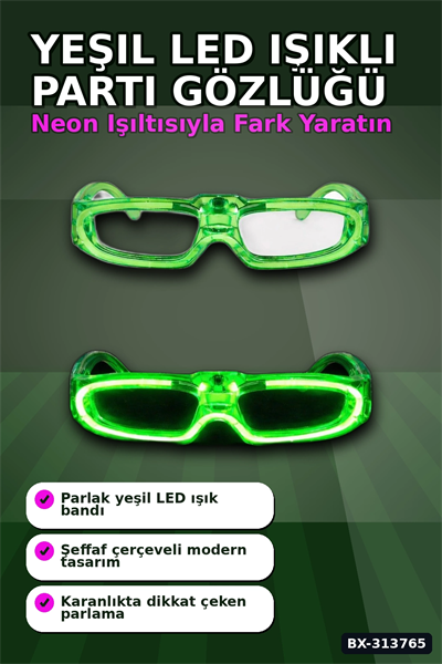 3 Modlu Yeşil Led Işıklı Parti Gözlüğü - Glow Gece Eğlence Aksesuarı 1 Adet BX-313765
