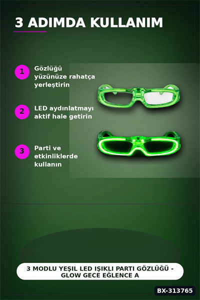 3 Modlu Yeşil Led Işıklı Parti Gözlüğü - Glow Gece Eğlence Aksesuarı 1 Adet BX-313765