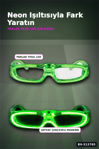 3 Modlu Yeşil Led Işıklı Parti Gözlüğü - Glow Gece Eğlence Aksesuarı 1 Adet BX-313765