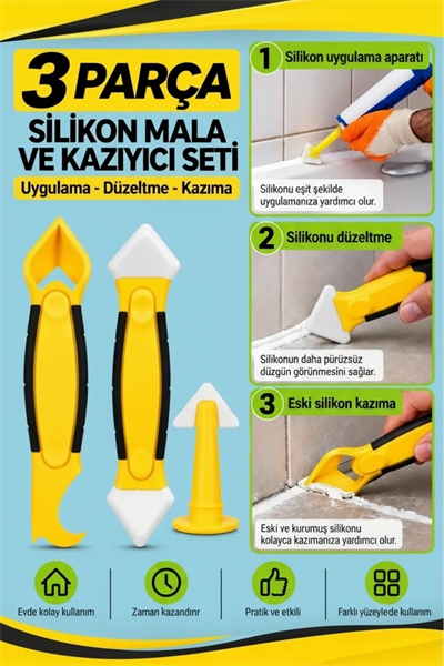 3 Parça Fayans Derz ve Silikon Kazıyıcı Temizleme Aparatı Mala Seti