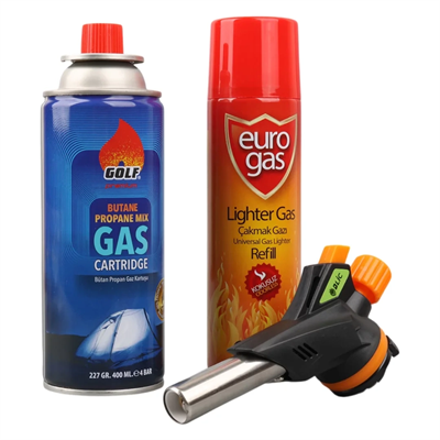 3 Parça Profesyonel Pürmüz Seti Pürmüz Torch Çakmak Başlık- Kamp Gazı 400ml- Çakmak Gazı 270 Bx40