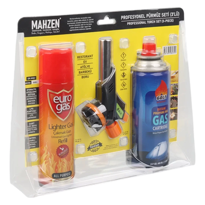 3 Parça Profesyonel Pürmüz Seti Pürmüz Torch Çakmak Başlık- Kamp Gazı 400ml- Çakmak Gazı 270 Bx40