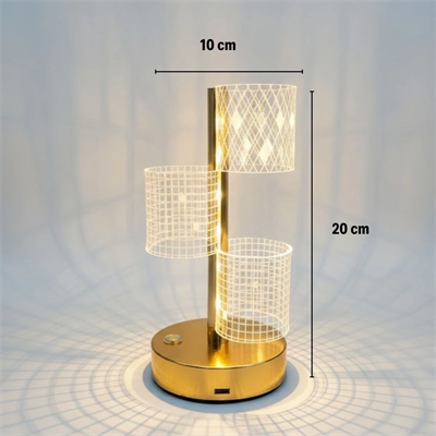 3 Parça silindirik kristal Ekose Kareli Led Masa Lambası – Gold Gövdeli, Dokunmatik, 3 Kademe Işık Ayarlı Şarjlı Dekoratif Lamba Bx40