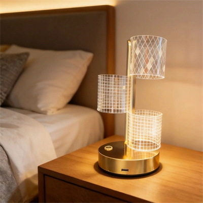 3 Parça silindirik kristal Ekose Kareli Led Masa Lambası – Gold Gövdeli, Dokunmatik, 3 Kademe Işık Ayarlı Şarjlı Dekoratif Lamba Bx40