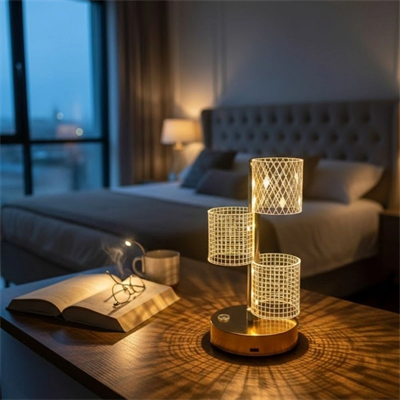 3 Parça silindirik kristal Ekose Kareli Led Masa Lambası – Gold Gövdeli, Dokunmatik, 3 Kademe Işık Ayarlı Şarjlı Dekoratif Lamba Bx40