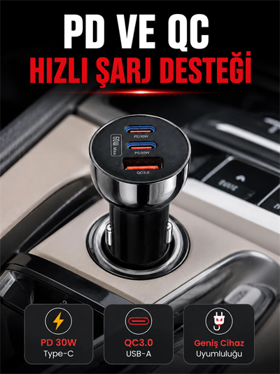 3 Portlu Araç İçi Şarj Adaptörü Çift PD Type-C ve QC3.0 USB Çıkışlı