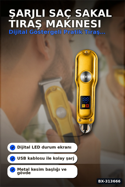 3 Taraklı Şarjlı Saç Sakal Tıraş Makinesi, Turbo Modlu LED Gösterge T Bıçak Kesim BX-313666