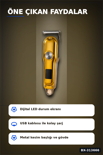 3 Taraklı Şarjlı Saç Sakal Tıraş Makinesi, Turbo Modlu LED Gösterge T Bıçak Kesim BX-313666