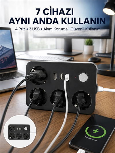 3 USB Çıkışlı 4’lü Akıllı Priz 2500W 2 Metre Kablo