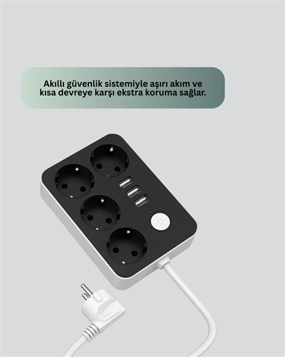 3 USB Çıkışlı 4’lü Akıllı Priz 2500W 2 Metre Kablo