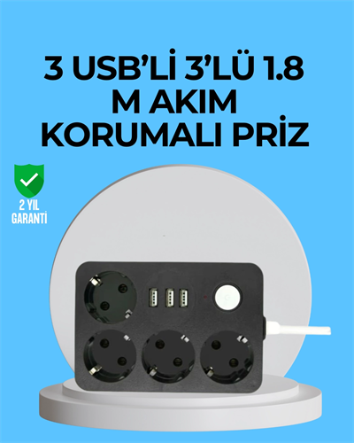 3 USB Çıkışlı 4’lü Akıllı Priz 2500W 2 Metre Kablo