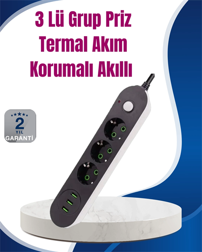 3 USB Çıkışlı Hızlı Şarjlı Anahtarlı Üçlü Priz