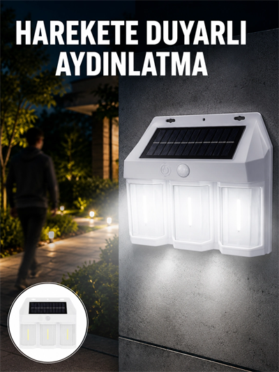 3 in 1 Solar Duvar Lambası – IP65 Su Geçirmez, Hareket Sensörlü Yeni Nesil
