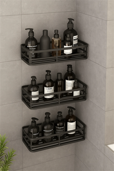 3 lü Banyo Düzenleyici Organizer Şampuanlık Havlupan Askısı Havluluk Siyah Banyo Duş Mutfak Rafı