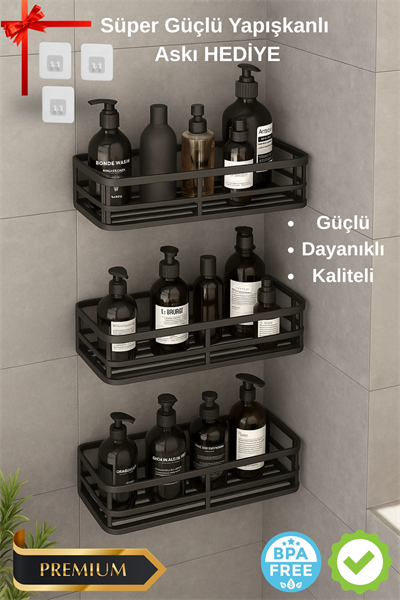 3 lü Banyo Düzenleyici Organizer Şampuanlık Havlupan Askısı Havluluk Siyah Banyo Duş Mutfak Rafı