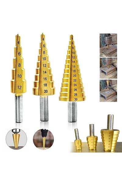 3 lü Set Matkap Ucu Kademeli Sac Delme Aparatı HSS Titanyum Kaplama (3936)