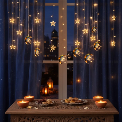 3 mt Fişli Hilal Cami Yıldız Ramazan Perde LED