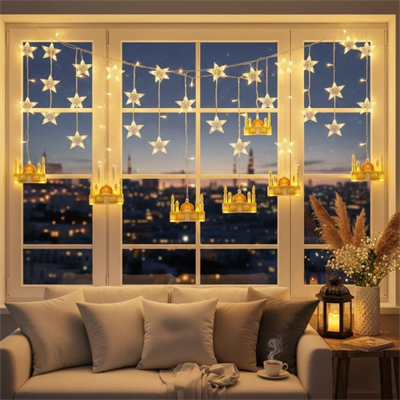 3 mt Fişli Sarı Cami Yıldız Ramazan Perde LED