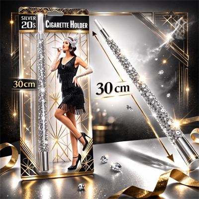 30 Cm Gümüş Payetli Sigara Tutacağı – 1920’ler Gatsby Parti Aksesuarı