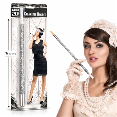 30 Cm Gümüş Payetli Sigara Tutacağı – 1920’ler Gatsby Parti Aksesuarı