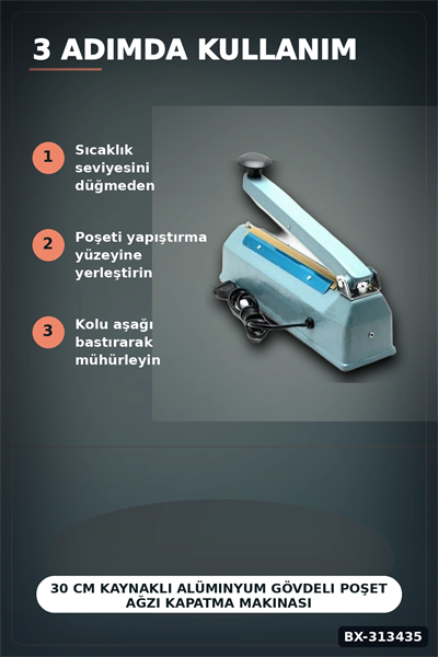 30 Cm Kaynaklı Alüminyum Gövdeli Poşet Ağzı Kapatma Makinası FS-300 Isı Ayarı 8 Kademe BX-313435