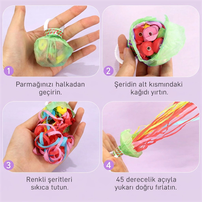 30 Şeritli Renkli Elle Atılan Konfeti – 5 Metre Uzayan Şerit Konfeti 1 Adet