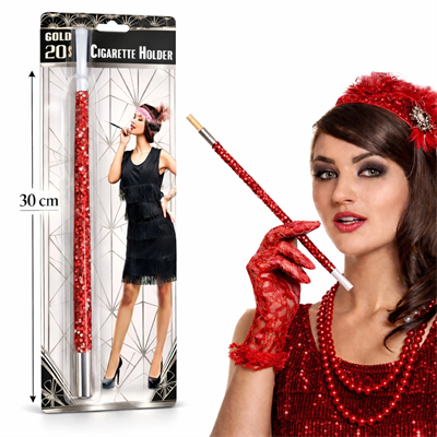 30 cm Kırmızı Payetli Sigara Tutacağı – 1920’ler Gatsby Parti Aksesuarı