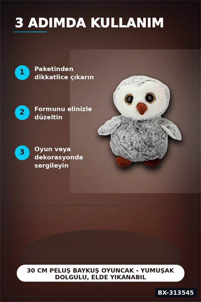 30 cm Peluş Baykuş Oyuncak - Yumuşak Dolgulu, Elde Yıkanabilir, Kahverengi-Siyah Seçenekli BX-313545