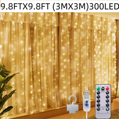 300 Ledli 10 Sarkıt Perde Led Işık-8 Fonksiyon, Uzaktan Kumandalı, 3x3 Metre Bx40