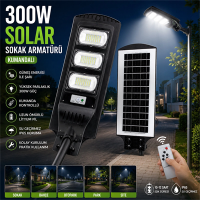 300w - 6500k Solar - Güneş Enerjili Sokak Lambası - Armatür Sensörlü Bahçe-balkon-sokak Ars-348966 Bx40